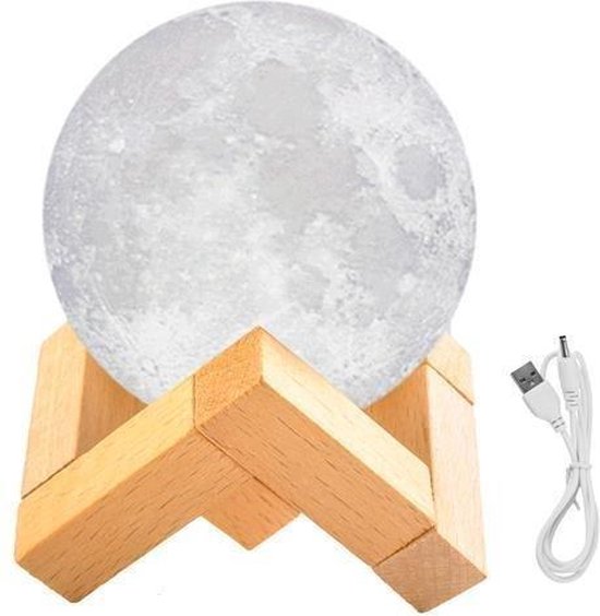 Izoxis Mini Maanlamp – 3D LED Nachtlamp Ø8 cm – 2 Kleuren Warm Wit & Koud Wit – Draadloos – Touchbediening – Met Houten Standaard
