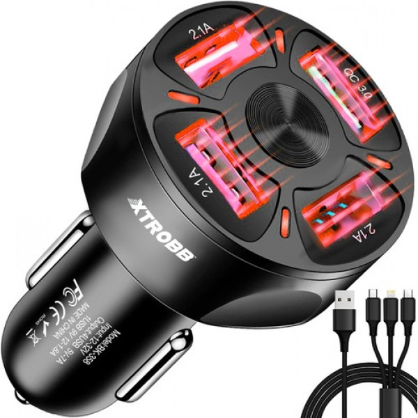 Xtrobb Snelle Autolader USB 3.0 – 4x Poorten – 12V-32V – LED-indicator – Inclusief 3A Oplaadkabel – Universele Autolader voor Smartphone & Tablet
