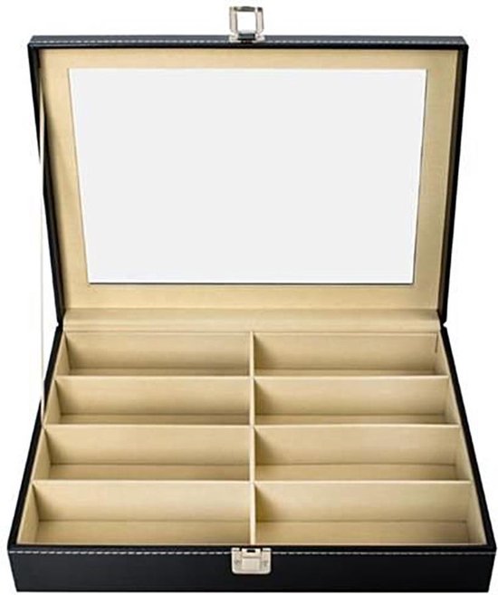 Malatec Luxe Opbergdoos voor 8 Brillen & Sieraden – Displaydoos met Fluwelen Inleg – Zwart – Transparant Deksel – Organizer voor Zonnebrillen, Horloges & Accessoires - Afbeelding 4