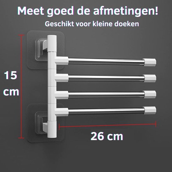 Handdoekrek Badkamer - Vaatdoekhouder Gootsteen - Handdoekstang Zelfklevend - Handdoek Rek - Handdoekrek Keuken - Handdoekhouder Keuken - Theedoekhouder - Draaibaar, 4-armig & RVS - Afbeelding 3