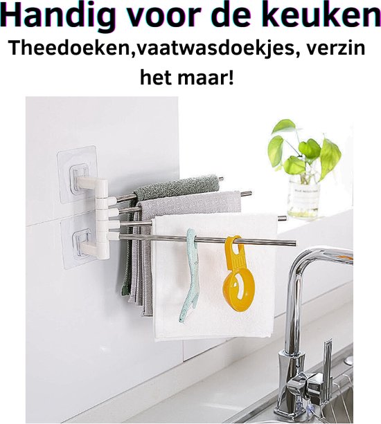 Handdoekrek Badkamer - Vaatdoekhouder Gootsteen - Handdoekstang Zelfklevend - Handdoek Rek - Handdoekrek Keuken - Handdoekhouder Keuken - Theedoekhouder - Draaibaar, 4-armig & RVS - Afbeelding 6