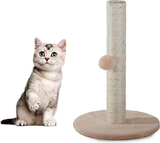 Krabpaal Kat Beige 30×30×45 cm – Compacte Krabpaal met Speelbal – Pluche Afwerking, Stevige Basis & Geschikt voor Kittens en Kleine Katten - Afbeelding 2