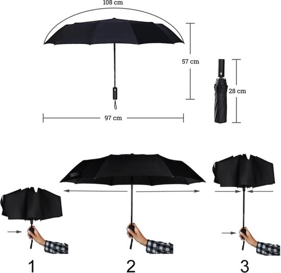 Malatec® Stormparaplu – Opvouwbaar & Stormbestendig tot 100 km/u – Automatisch Uitklapbaar – Incl. Beschermhoes – Zwart - Afbeelding 4