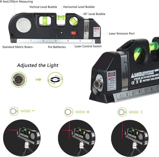 Professionele Laserwaterpas met Liniaal 250 cm – Zelfnivellerend – Waterpas met Laserprojectie & Meetlint – Ideaal voor Klussen, Ophangen & Precisiewerk - Afbeelding 9