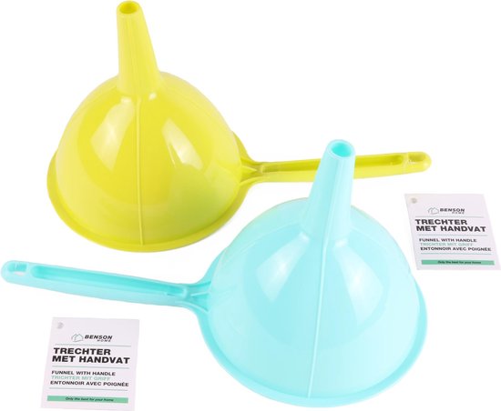 Benson Trechter met Handvat – 15 cm Hoog – Grip Handgreep – Geel of Blauw – Stevige Kunststof Trechter met Ø 12 cm Vulopening – Per Stuk – Ideaal voor Auto, Werkplaats & Huishouden