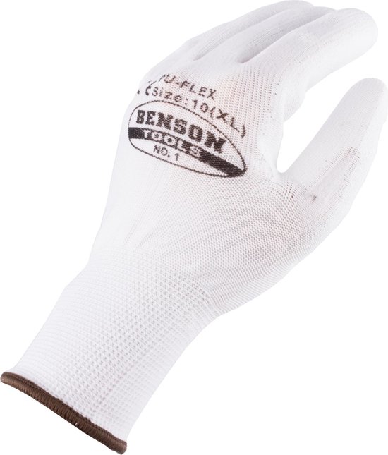 Benson Werkhandschoenen PU Flex Nylon – Maat 10 (XL) – Wit – Duurzame & Comfortabele Werkhandschoenen met PU-Coating – Perfecte Grip, Flexibiliteit en Bescherming bij Klus- en Schilderwerk - Afbeelding 2
