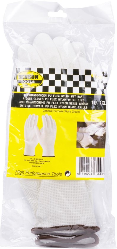 Benson Werkhandschoenen PU Flex Nylon – Maat 10 (XL) – Wit – Duurzame & Comfortabele Werkhandschoenen met PU-Coating – Perfecte Grip, Flexibiliteit en Bescherming bij Klus- en Schilderwerk - Afbeelding 3