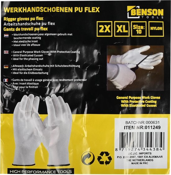 Benson Werkhandschoenen PU Flex Nylon – Maat 10 (XL) – Wit – Duurzame & Comfortabele Werkhandschoenen met PU-Coating – Perfecte Grip, Flexibiliteit en Bescherming bij Klus- en Schilderwerk - Afbeelding 6