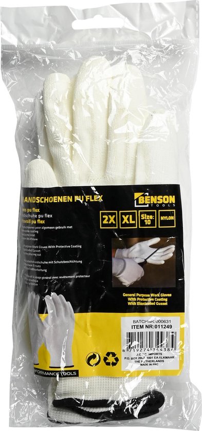 Benson Werkhandschoenen PU Flex Nylon – Maat 10 (XL) – Wit – Duurzame & Comfortabele Werkhandschoenen met PU-Coating – Perfecte Grip, Flexibiliteit en Bescherming bij Klus- en Schilderwerk - Afbeelding 7