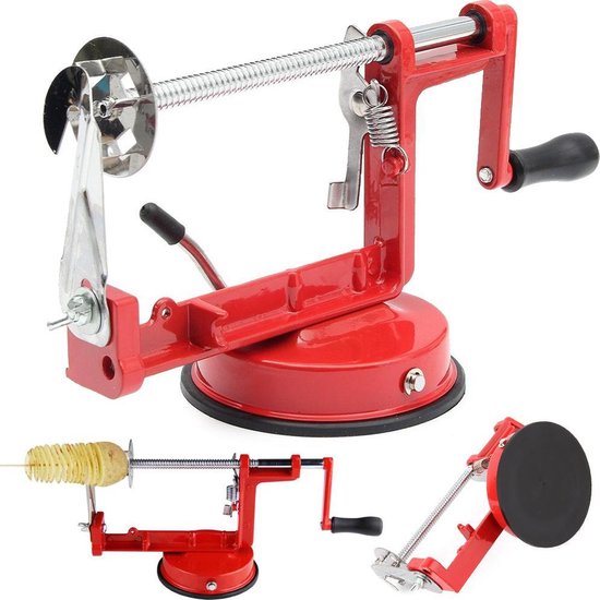 Aardappelchipsmachine – Handmatige Frietsnijder & Spiralizer – Rood/Zilver – Voor Gedraaide Frietjes, Chips & Groentespiralen – Compact & Duurzaam