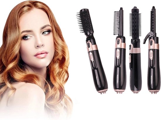 Elektrische Föhnborstel - 4 in 1 Föhn - Krultang - Hairstyler - Stijl/Krullen - Lang/Kort Haar - 4 Opzetstukken - Moederdag - Zwart