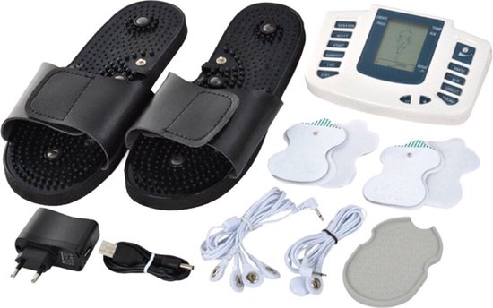 TENS/EMS Spierelektrostimulator – Elektrotherapie voor Pijnbestrijding, Spierherstel & Massage – Met Voetelektroden, LCD-Display & 4 Pads – Werkt op 3× AA Batterijen – Thuisgebruik
