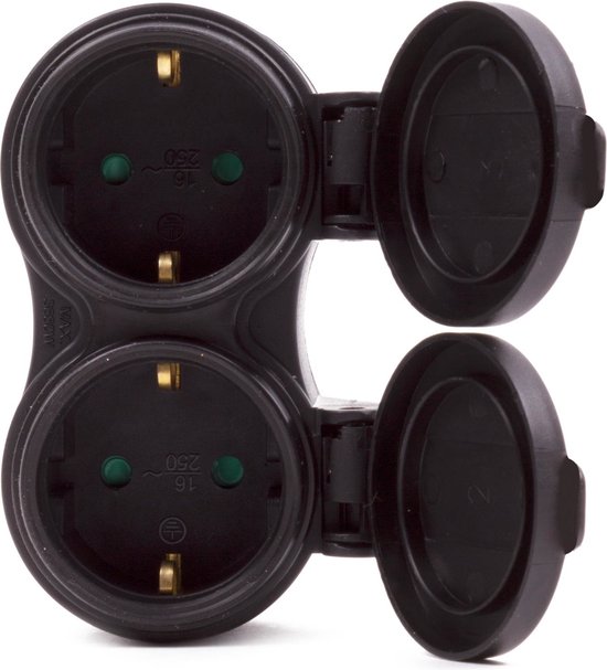 Benson Stekker Duo Verloop met Randaarde – IP44 – 1 naar 2 Stopcontacten – Spatwaterdicht – Zwart – 3500W – Voor Buiten - Afbeelding 3