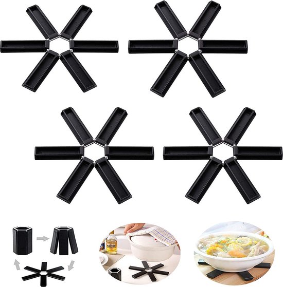Set van 3 Inklapbare Onderzetters – Hittebestendig tot 220 °C – Ø 19 cm – Zwart – Ruimtebesparend & Duurzaam – Met Ophangoog - Afbeelding 4