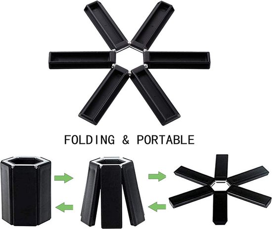 Set van 3 Inklapbare Onderzetters – Hittebestendig tot 220 °C – Ø 19 cm – Zwart – Ruimtebesparend & Duurzaam – Met Ophangoog - Afbeelding 5