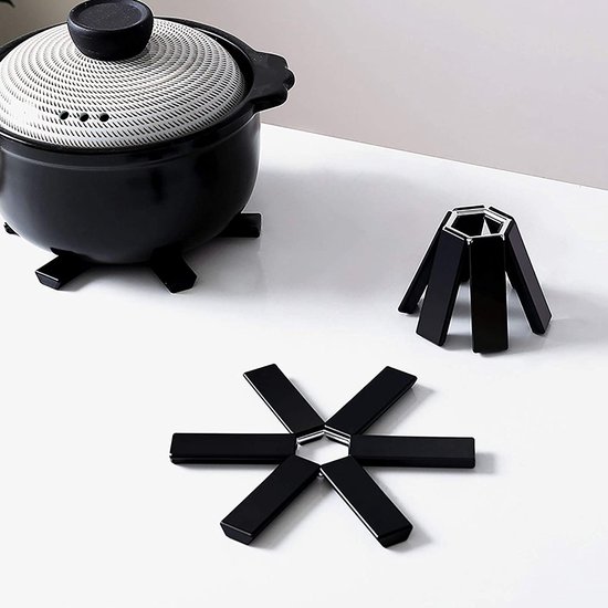 Set van 3 Inklapbare Onderzetters – Hittebestendig tot 220 °C – Ø 19 cm – Zwart – Ruimtebesparend & Duurzaam – Met Ophangoog - Afbeelding 6