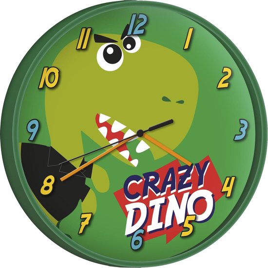 Wandklok Crazy Dino Groen – Kinderklok 25 cm met Dino Design - Afbeelding 3