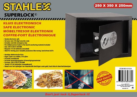 Benson Elektronische Kluis met Cijferslot – Stahlex Superlock – 25 x 35 x 25 cm – Met Sleutel & Bevestigingsbouten – Programmeerbaar Codeslot – Voor Binnen & Buiten – Zwart - Afbeelding 5