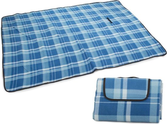 Picknickkleed 200x150 cm – Waterdicht & Opvouwbaar – Lichtblauw Geruit – Met Handvat – Outdoor Deken voor Strand, Park & Camping