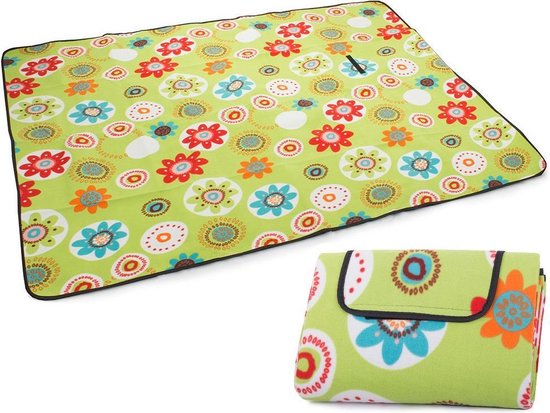 Picknickkleed 200x150 cm – Waterdicht & Opvouwbaar – Groen met Bloemenpatroon – Outdoor Deken met Handvat – Voor Strand, Park & Camping