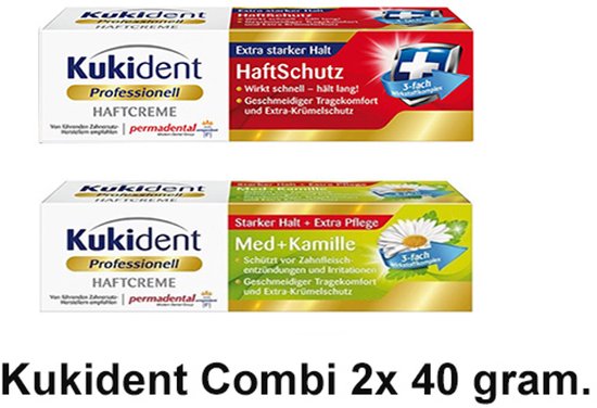 Kukident Kleefpasta Voordeelset 2 Stuks – 1× Extra Sterk & 1× Professional Sterk Med + Kamille – 40 g Tubes – Sterke Fixatie voor Kunstgebitten