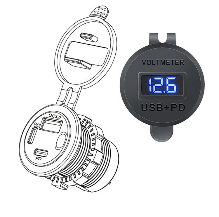 THAR spatwaterdichte inbouw USB-C lader met beschermkap en voltmeter