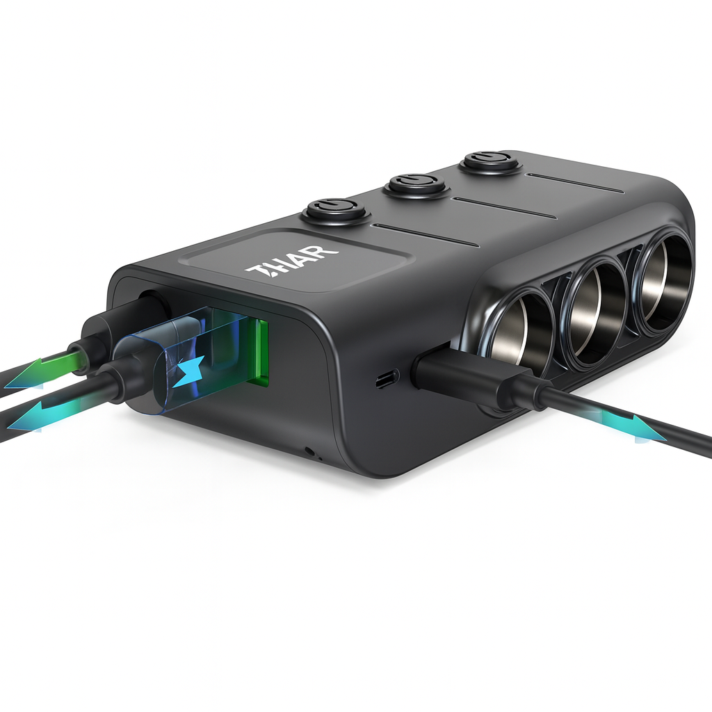 Auto oplader 120W met voltmeter en onafhankelijke schakelaars