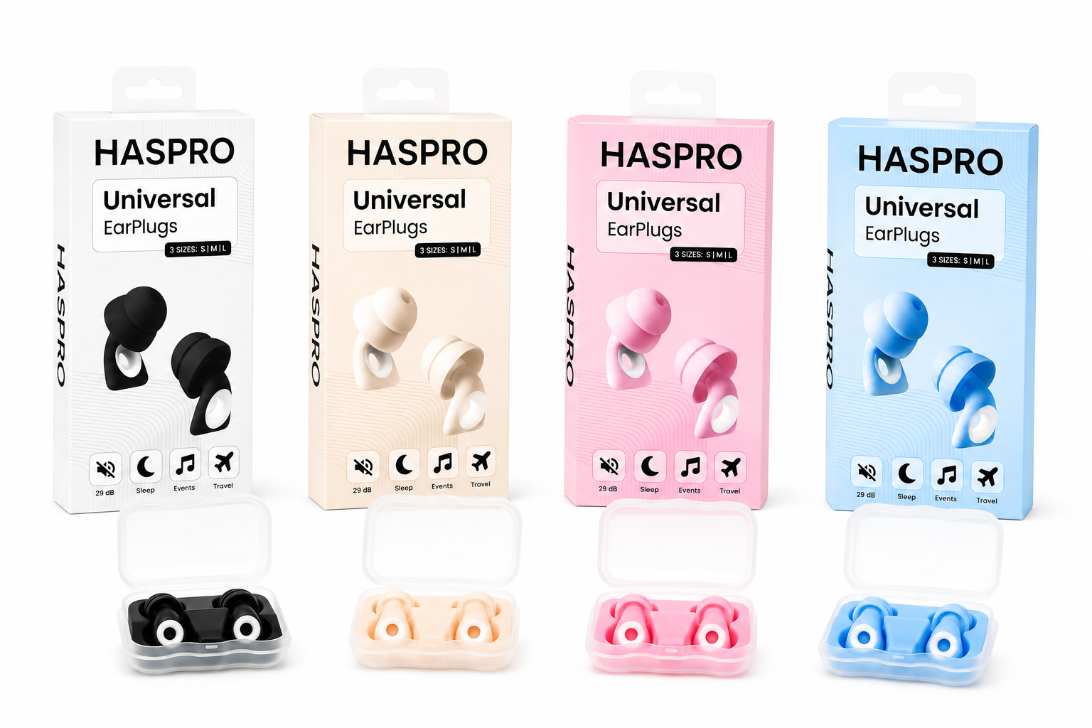 Haspro universele earplugs zwart roze blauw en zand