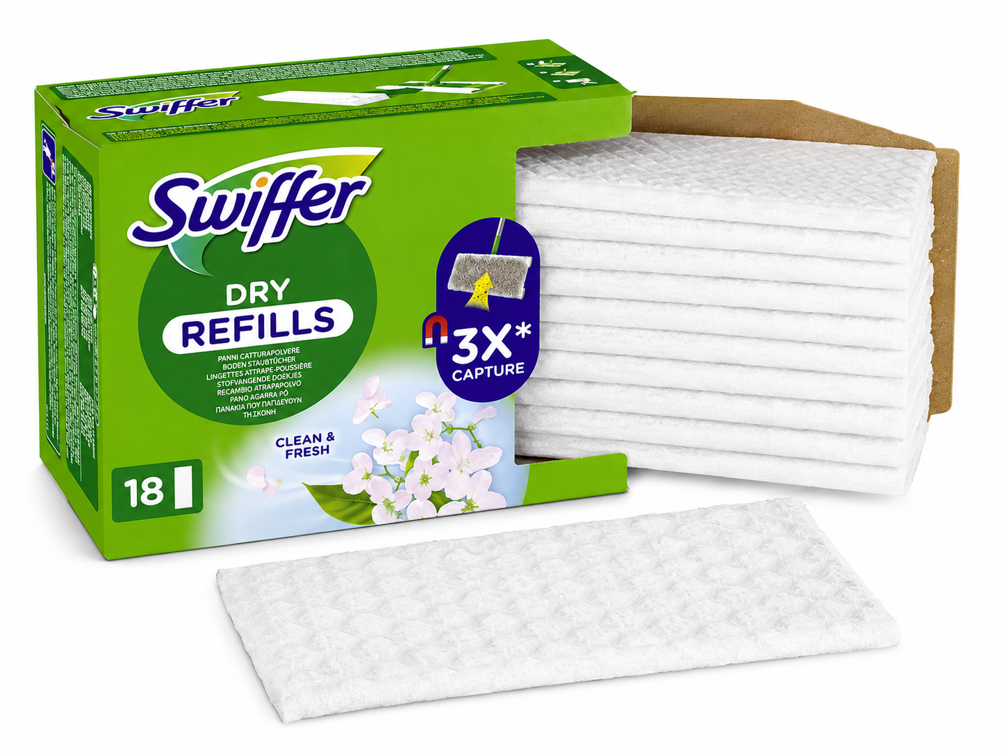 Swiffer Dry Refills open verpakking met droge vloerdoeken navulling