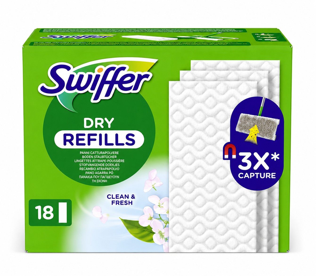 Swiffer Droge Vloerwisdoeken 18 Stuks met Febreze Geur verpakking voorkant