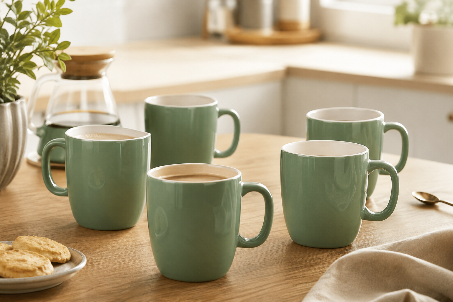 Secret de Gourmet saliegroene mokken lifestyle sfeer koffie thee houten tafel