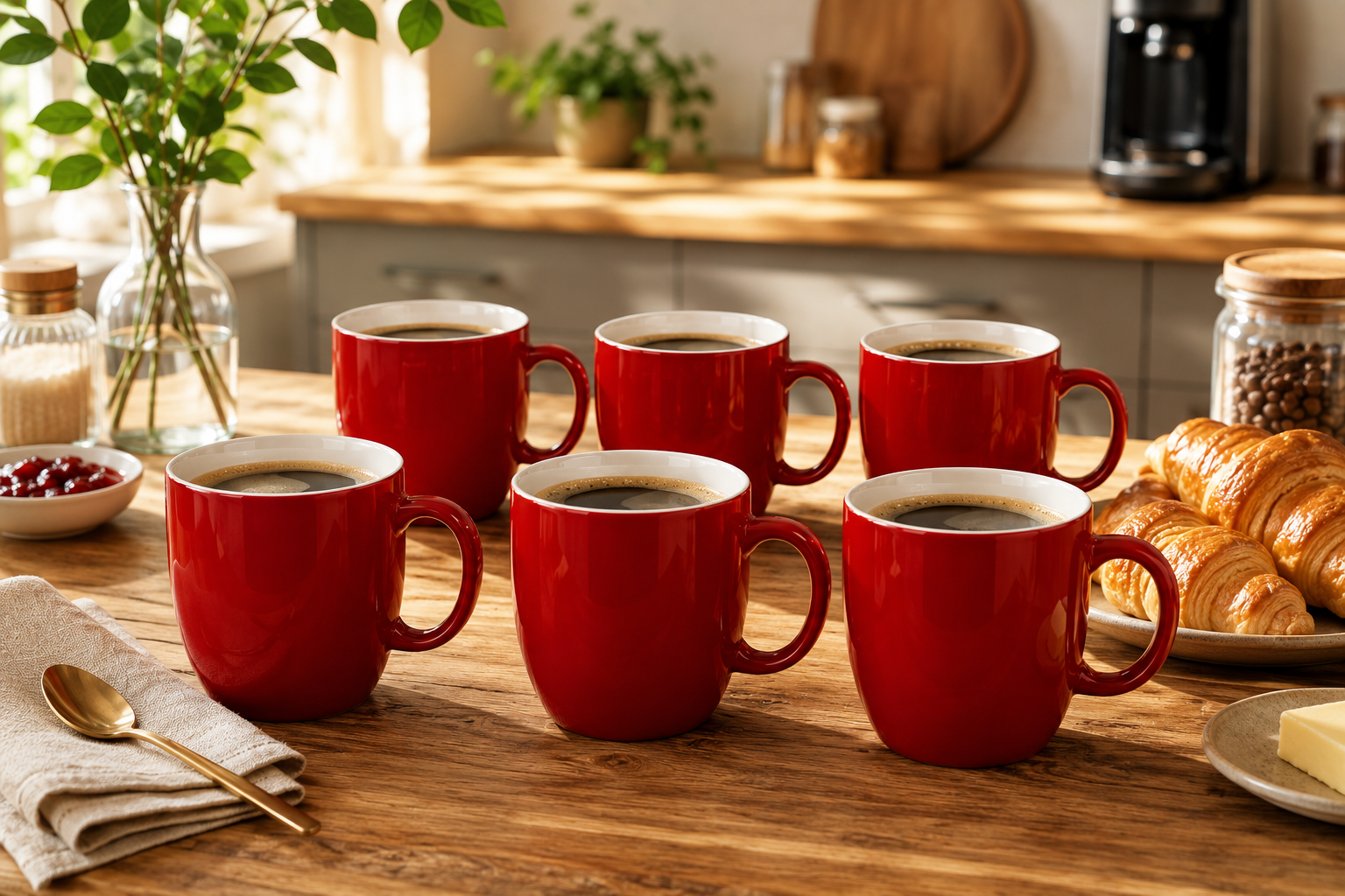 Secret de Gourmet Senseo mokken gevuld met koffie op luxe ontbijttafel