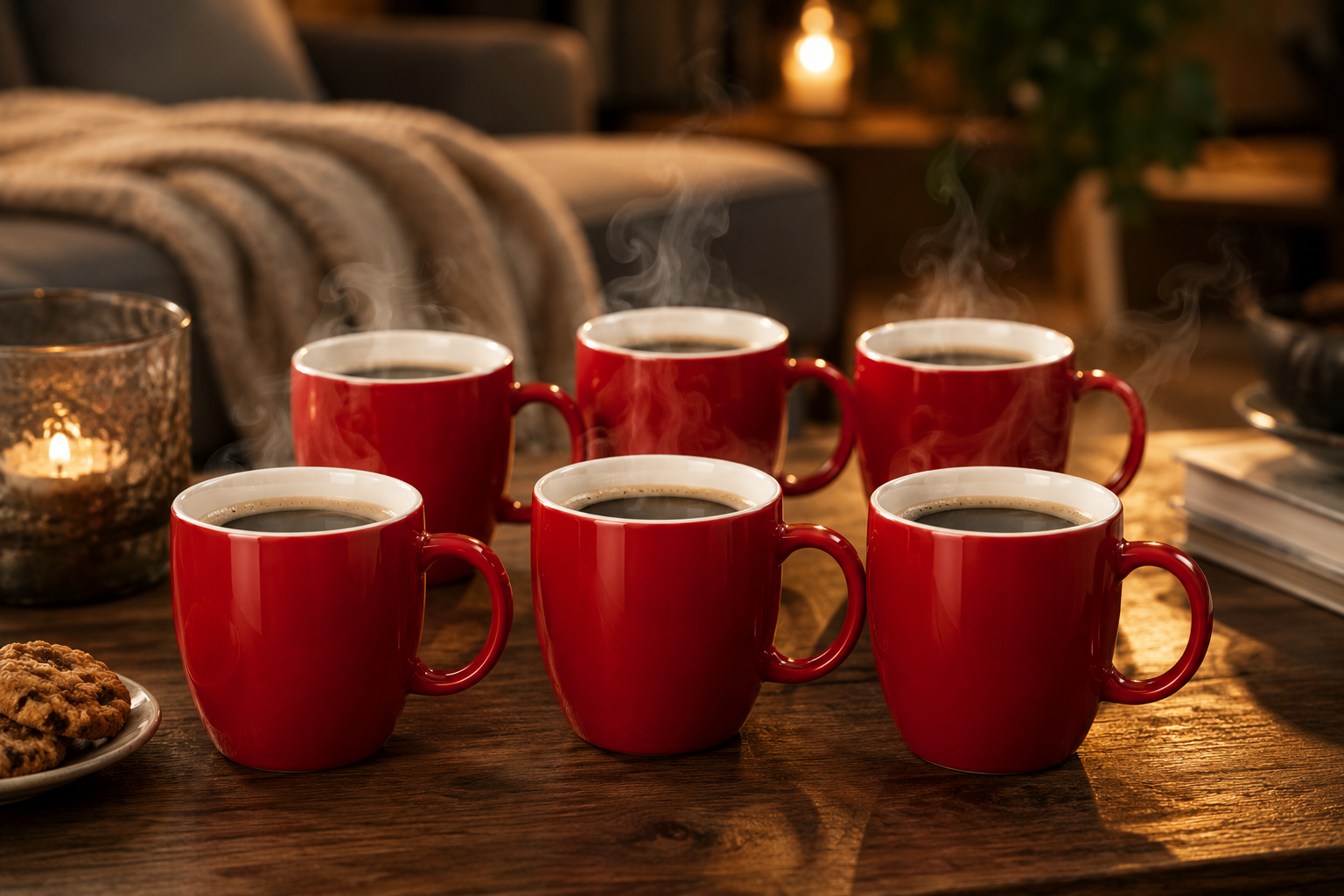 Secret de Gourmet donkerrode keramische koffiemokken met warme koffie en stoom