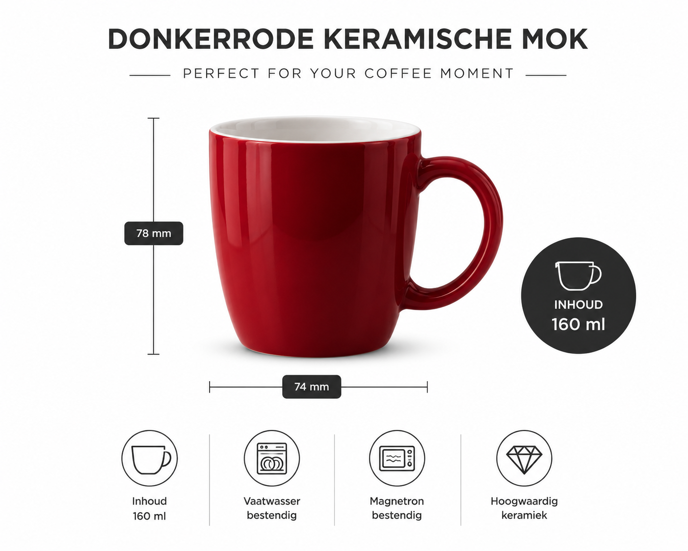 Secret de Gourmet Senseo mok infographic 160 ml keramische koffiemok afmetingen