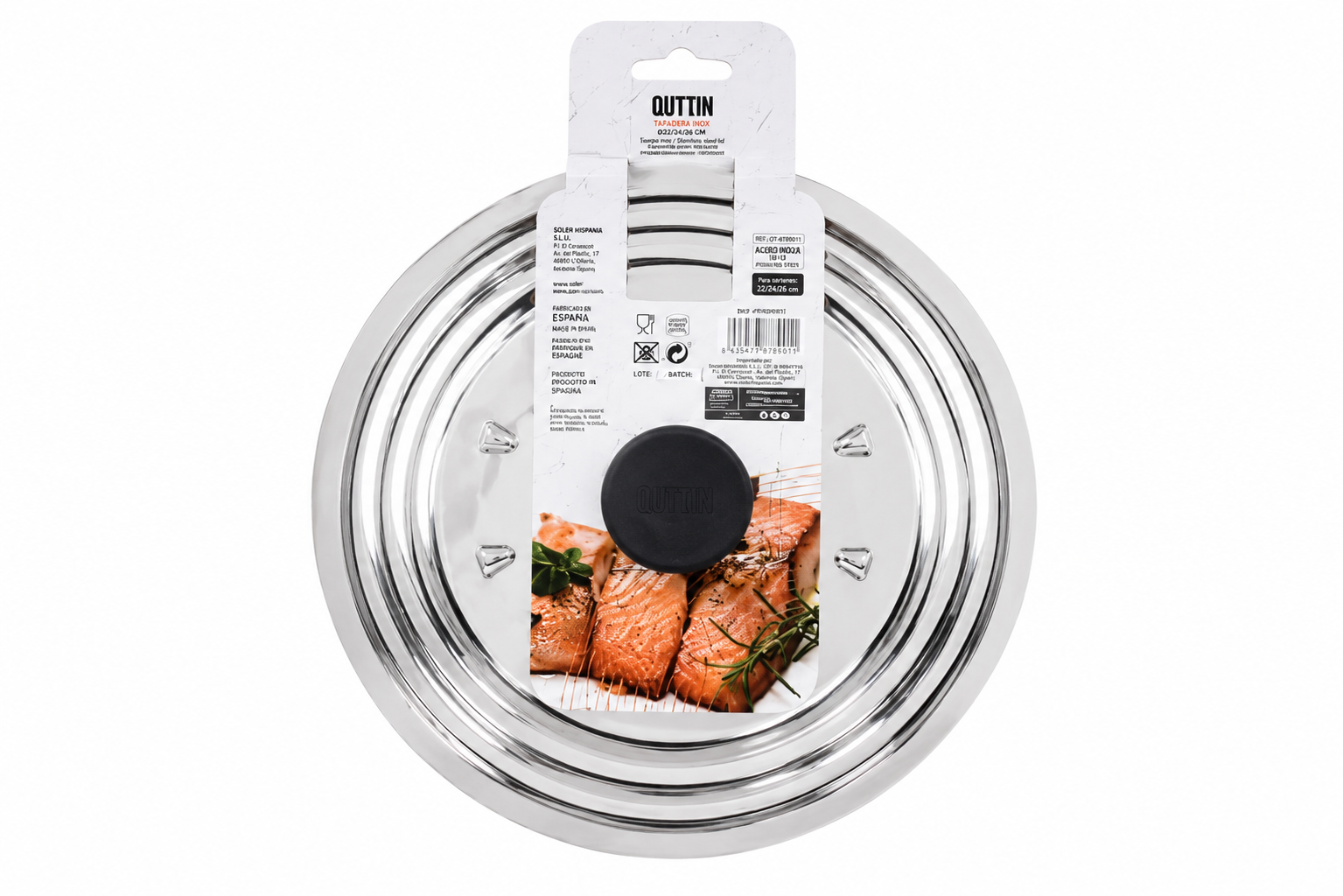 Quttin spatdeksel verpakking achterkant met productspecificaties en afmetingen 24 cm