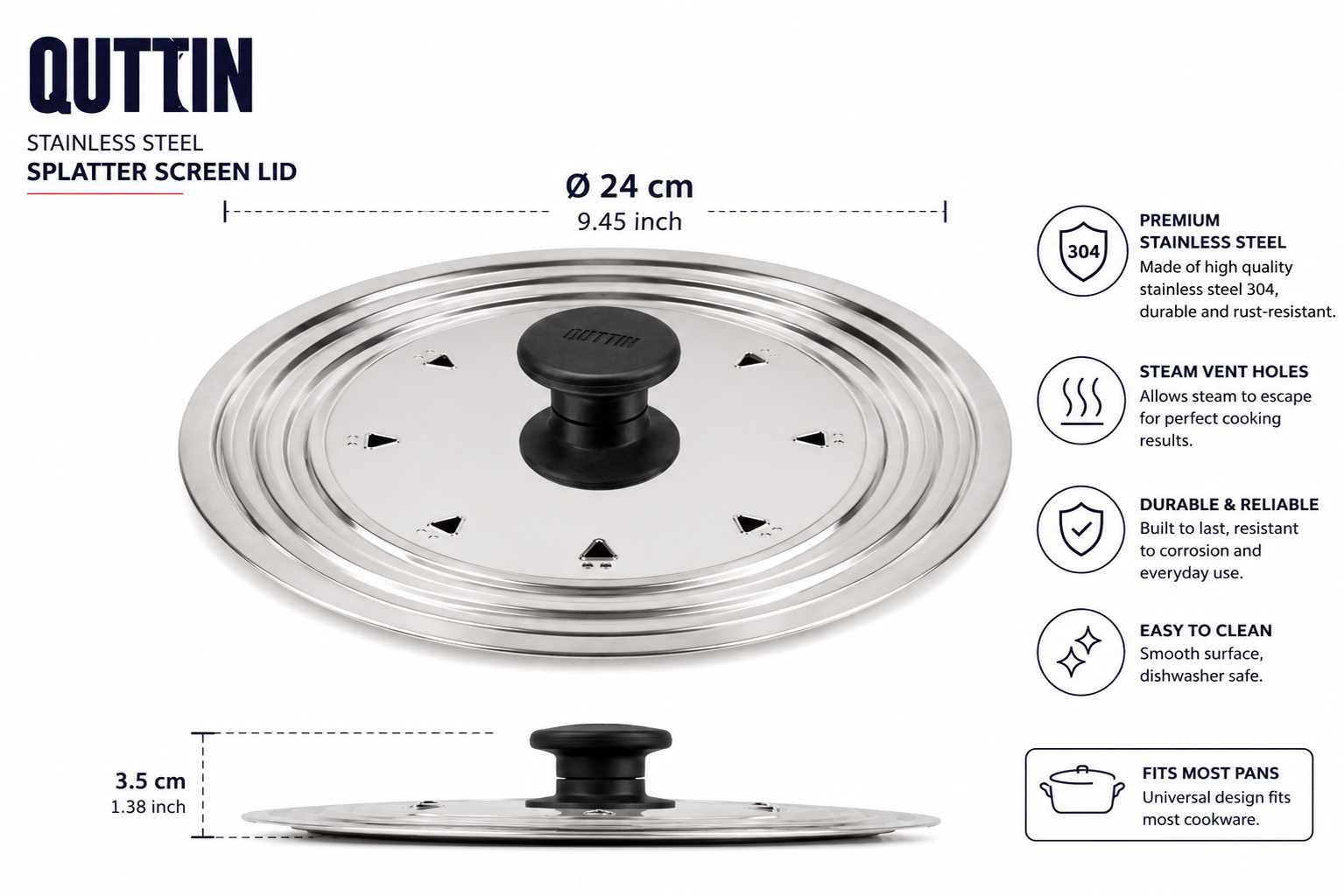 Quttin RVS spatdeksel 24 cm infographic met afmetingen voordelen en premium eigenschappen