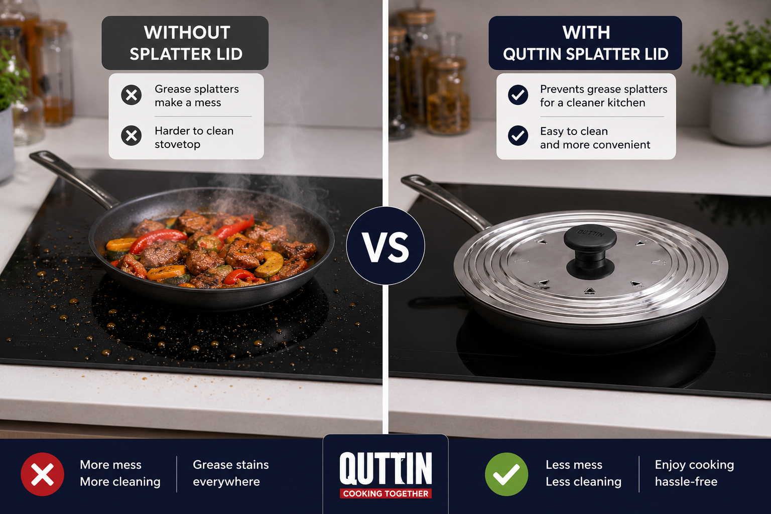 Vergelijking koken zonder en met Quttin RVS spatdeksel minder vetspetters en schonere keuken