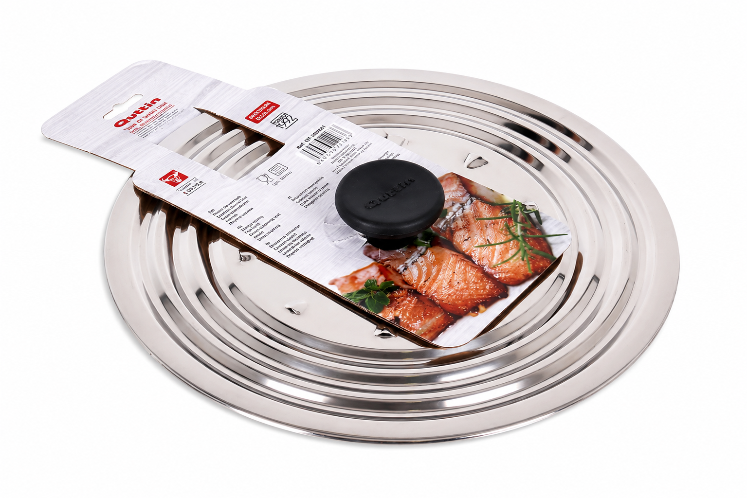 Quttin universeel RVS spatdeksel 24 cm voorkant productverpakking premium kookdeksel