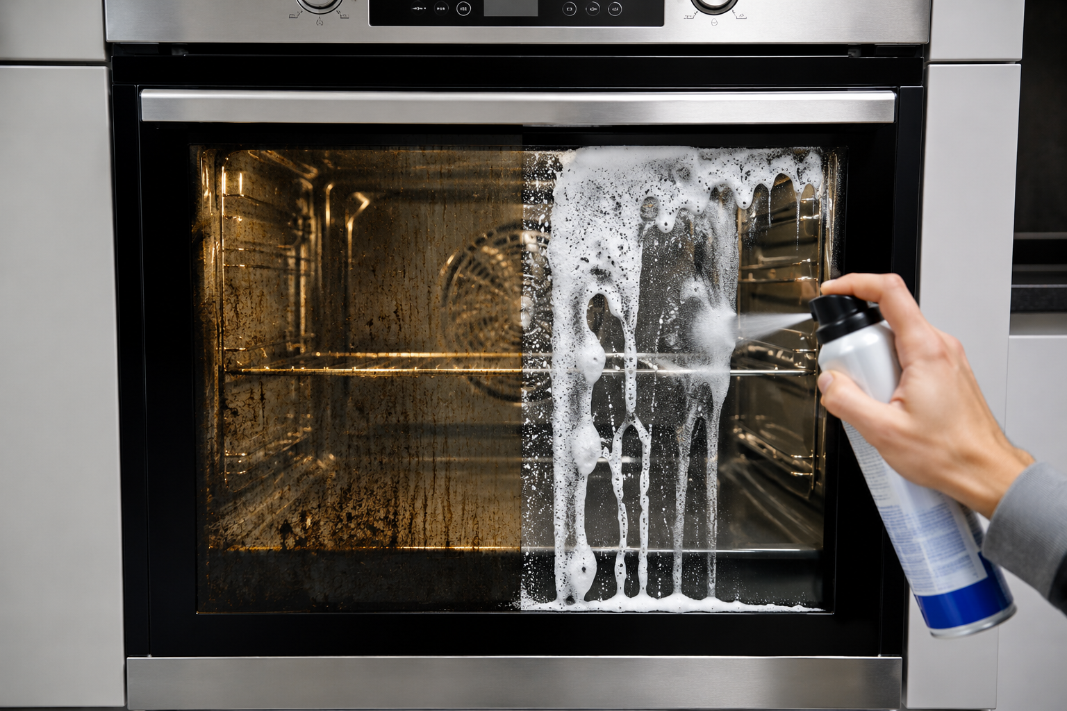 Voor en na resultaat van oven en kachelglas reinigen met HEITMANN Ovenreiniger 500ml