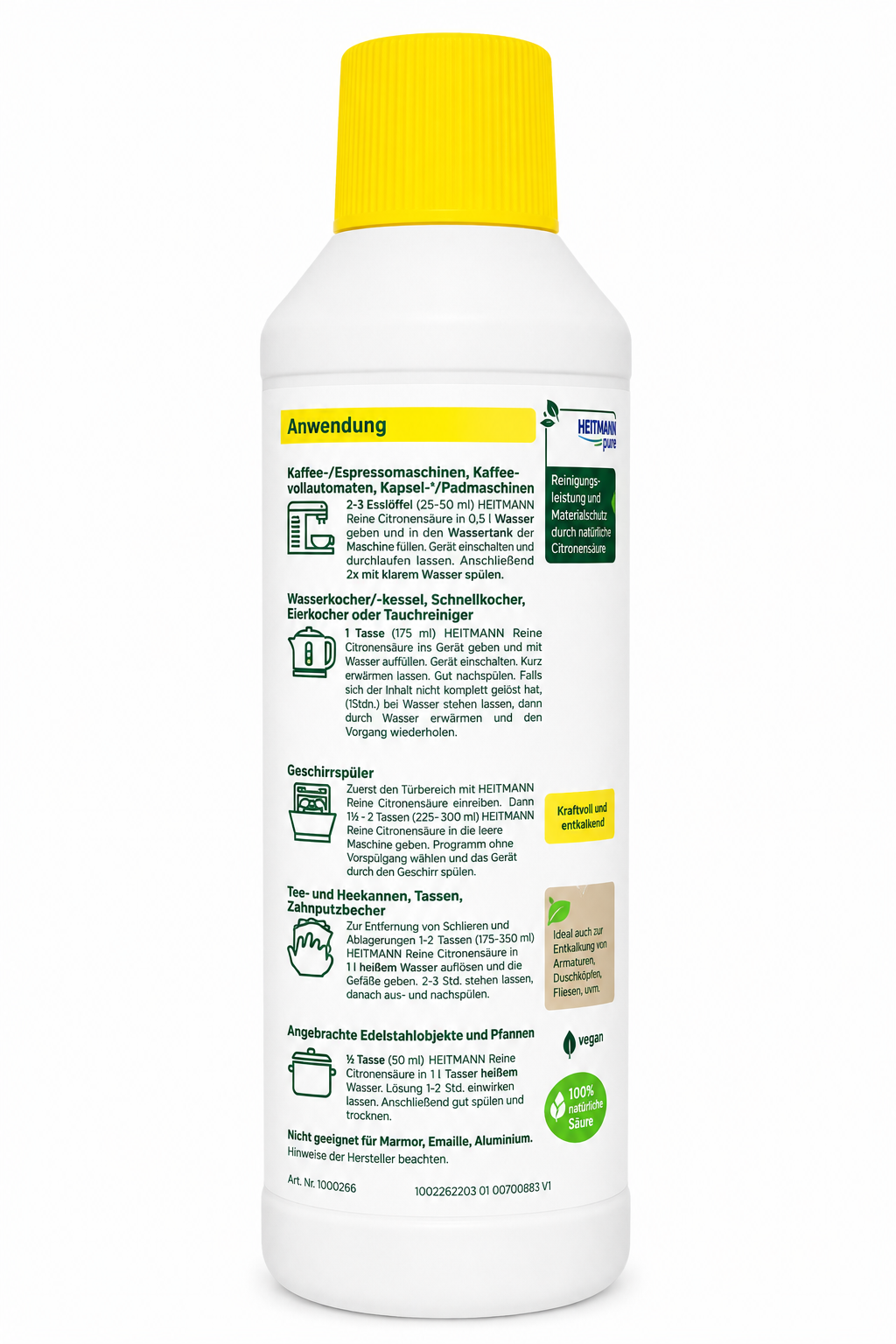 HEITMANN Pure Ontkalker 500ml achterkant verpakking met gebruiksinstructies en citroenzuur formule