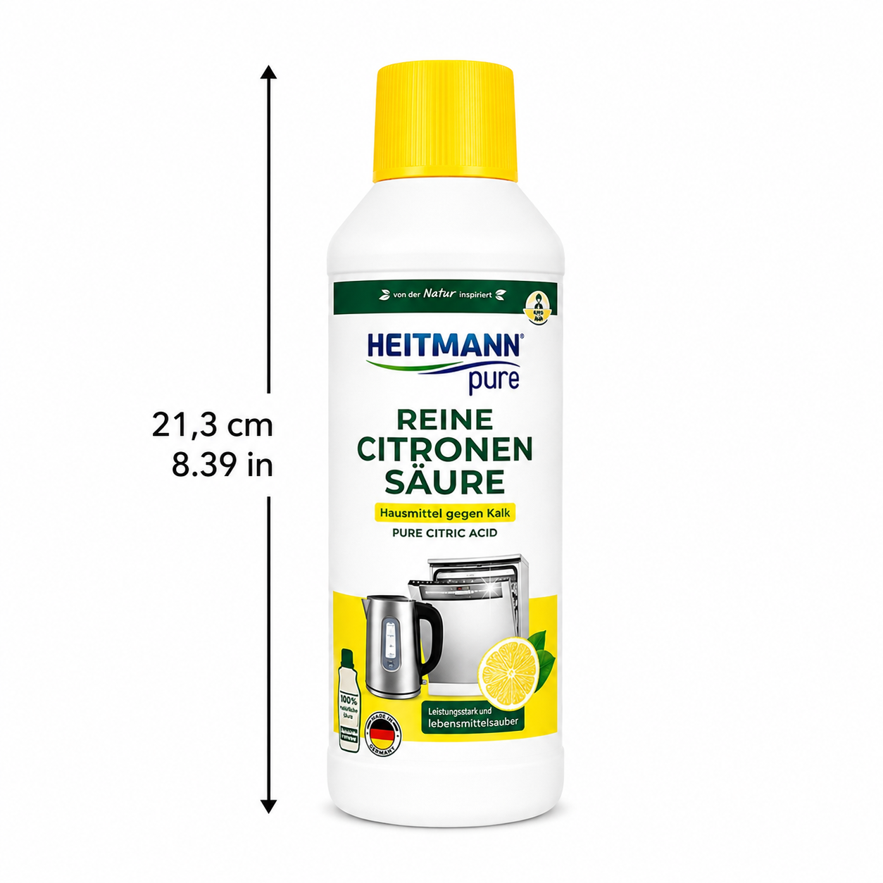 HEITMANN Pure Ontkalker 500ml afmetingen infographic met hoogte en inhoud van de fles