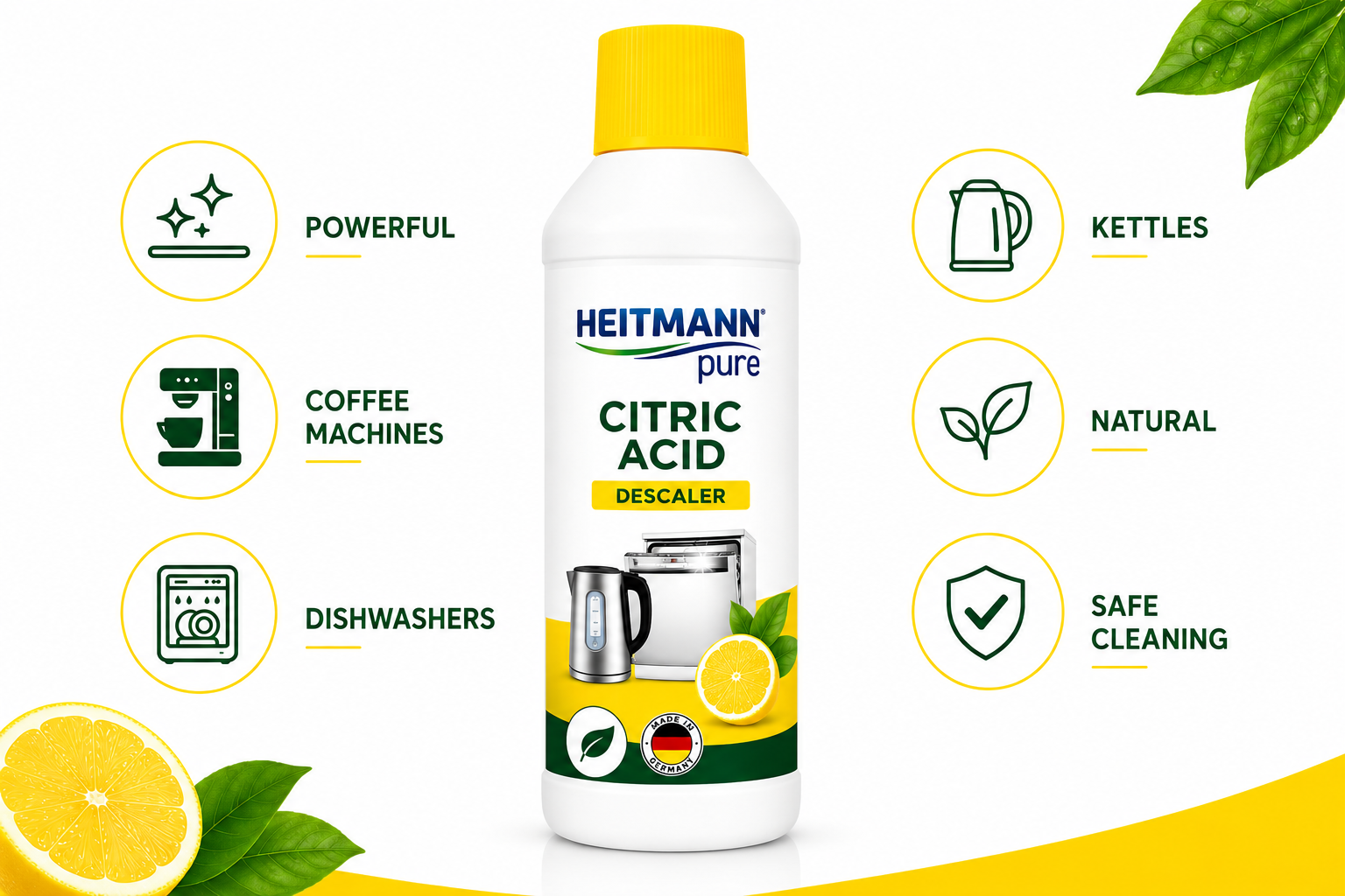 HEITMANN Pure Ontkalker 500ml voordelen infographic voor koffiemachines en waterkokers