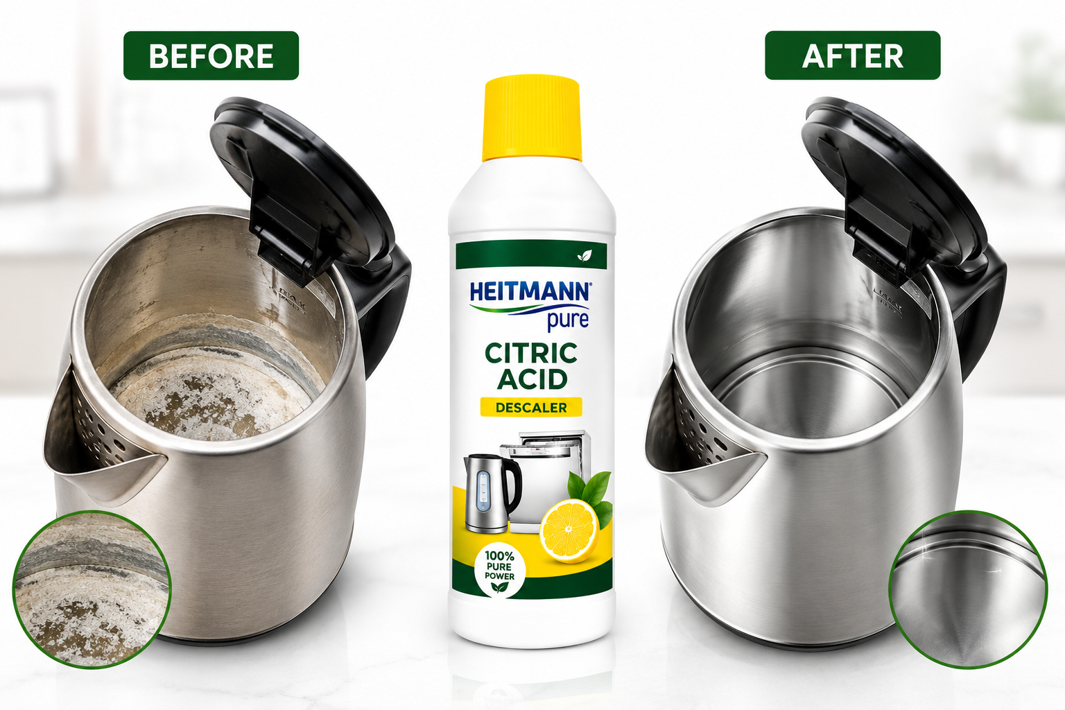 HEITMANN Pure Ontkalker 500ml voor en na resultaat van ontkalkte waterkoker