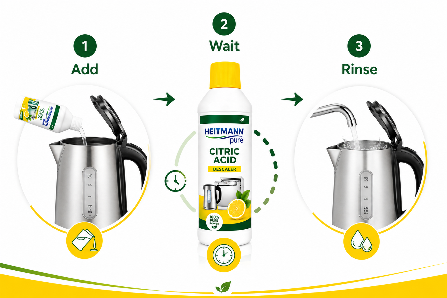 HEITMANN Pure Ontkalker 500ml stap voor stap gebruiksinstructie infographic