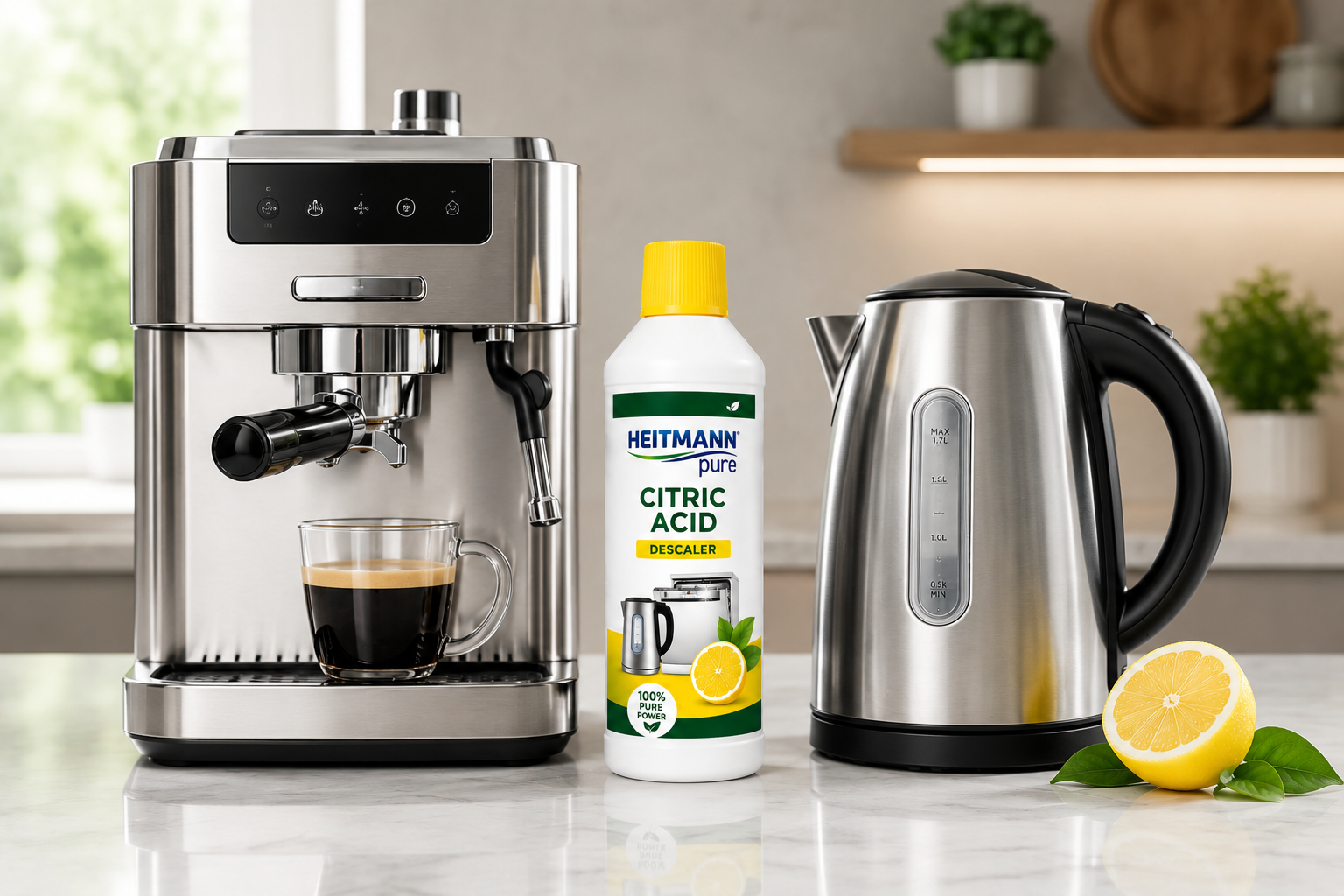 HEITMANN Pure Ontkalker 500ml lifestyle afbeelding naast koffiemachine en waterkoker