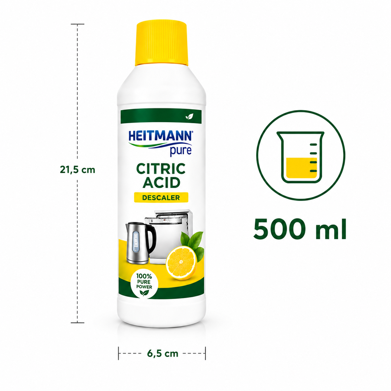HEITMANN Pure Ontkalker 500ml inhoud en formaat infographic met 500ml aanduiding