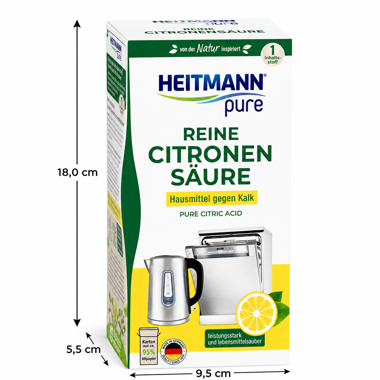 Afmetingen HEITMANN Pure Citroenzuur Ontkalker verpakking 350g met hoogte breedte en diepte