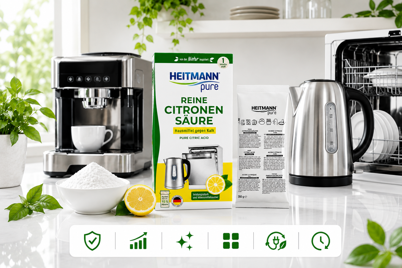 Premium keuken sfeerbeeld met HEITMANN Pure citroenzuur ontkalker en schone keukenapparaten