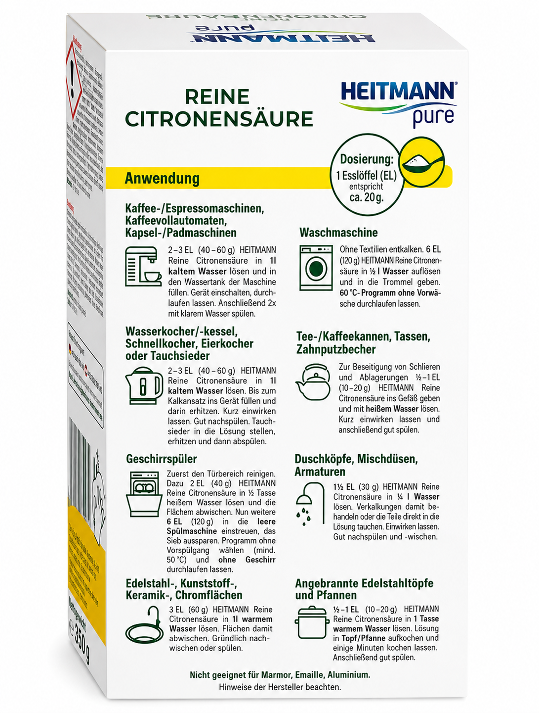 Gebruiksinstructies HEITMANN Pure Citroenzuur Ontkalker voor koffiemachine waterkoker vaatwasser en wasmachine