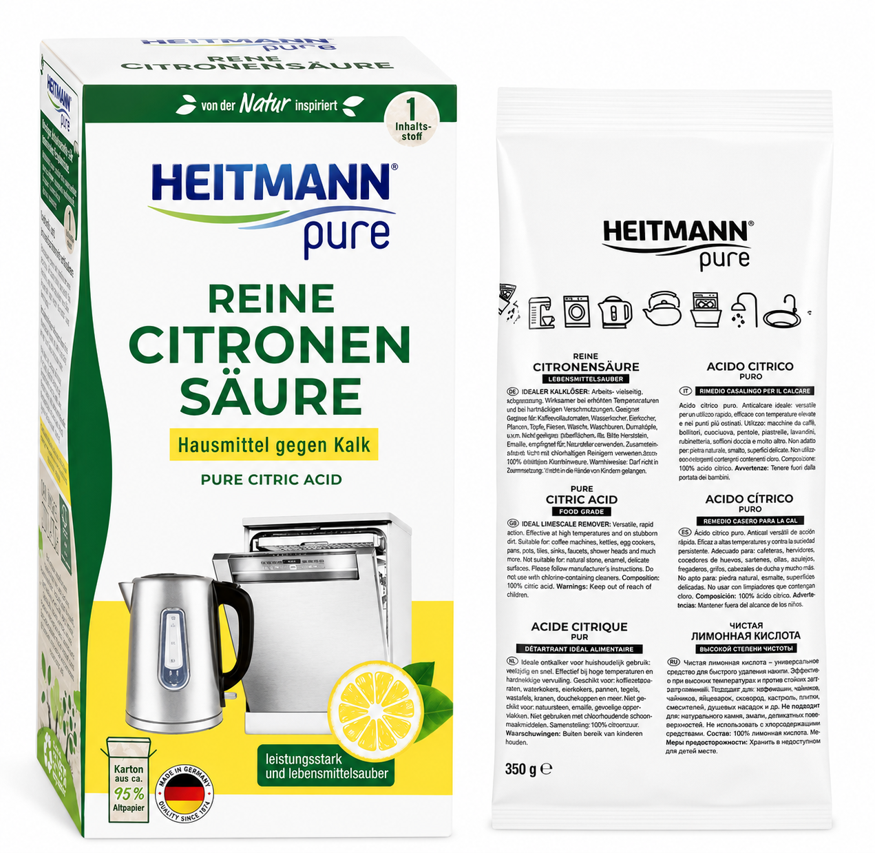 HEITMANN Pure Citroenzuur Ontkalker 350g verpakking met citroenzuur poeder navulling op witte achtergrond